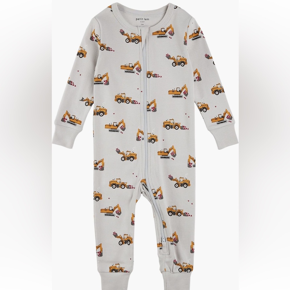 Petit Lem Gray Construction Vehicle with Hearts Footie